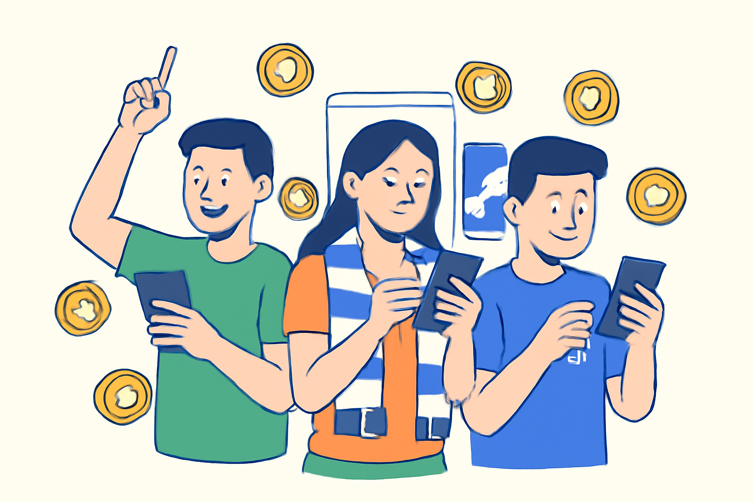 Fans using smartphones to vote and access exclusive soccer content, with digital tokens floating around, lively and engaging