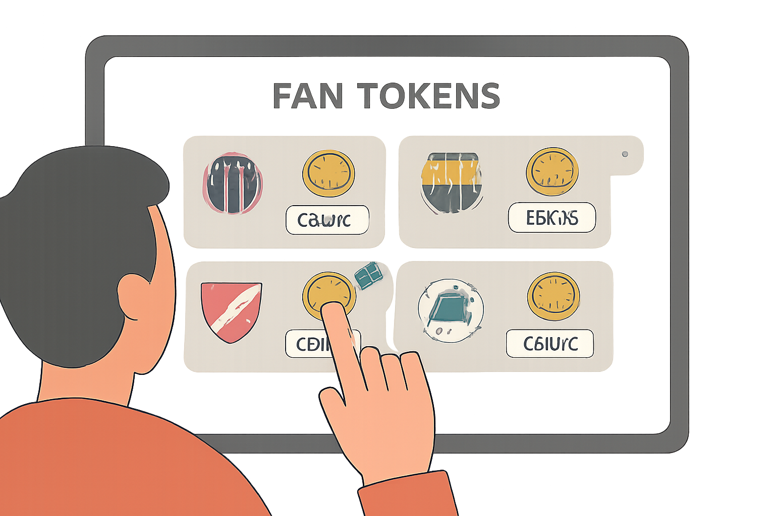 A user selecting a soccer fan token from a digital marketplace, with team logos and token symbols, easy-to-understand style