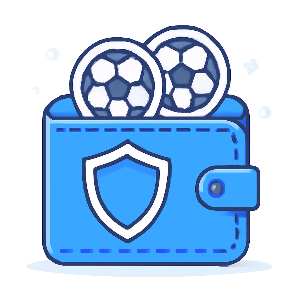 A digital wallet with a shield icon and soccer tokens inside, representing secure storage, clean and safe look