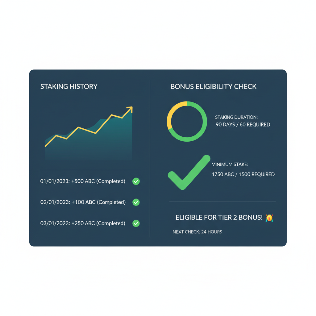 dashboard showing staking history and bonus eligibility check, graphs and checkmarks, DeFi theme