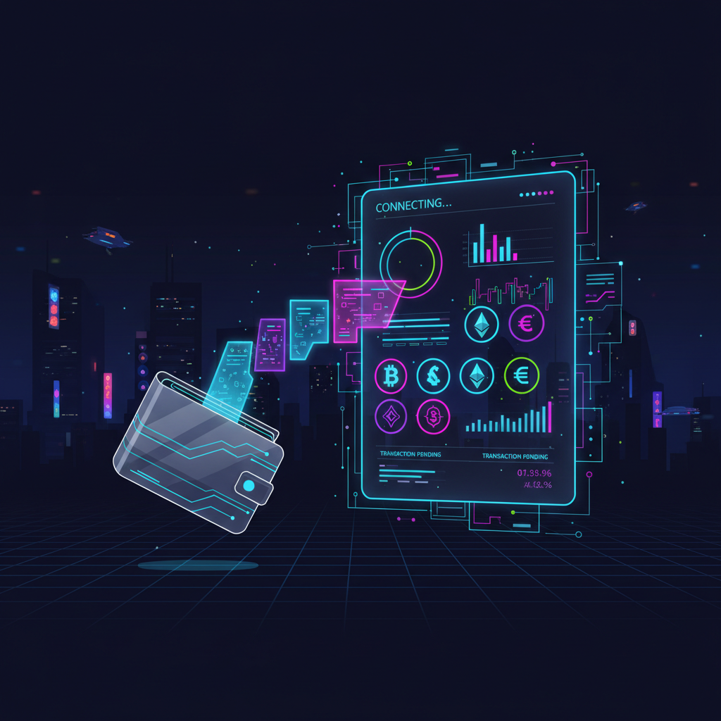 futuristic wallet connecting to glowing DeFi dashboard, neon crypto interface, cyberpunk style