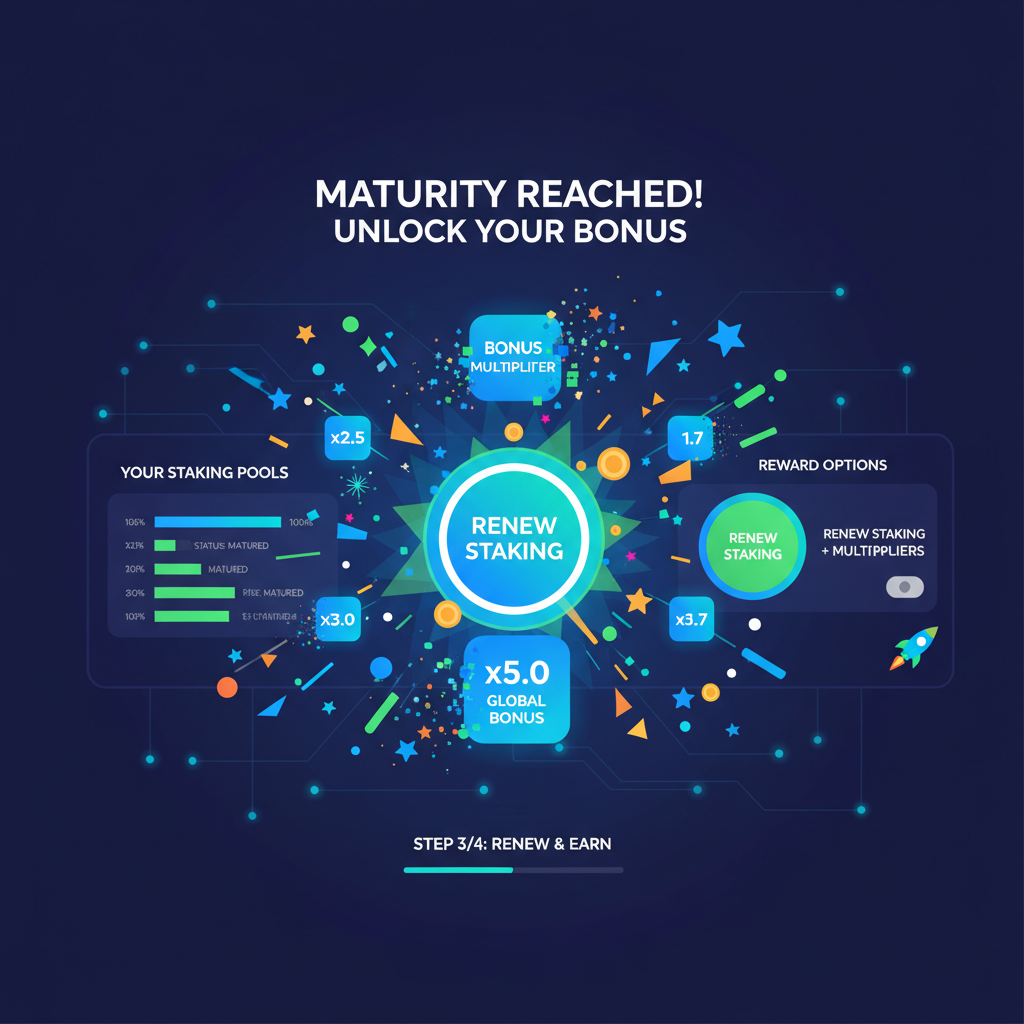 staking renewal interface at maturity, bonus multipliers exploding, futuristic DeFi success scene