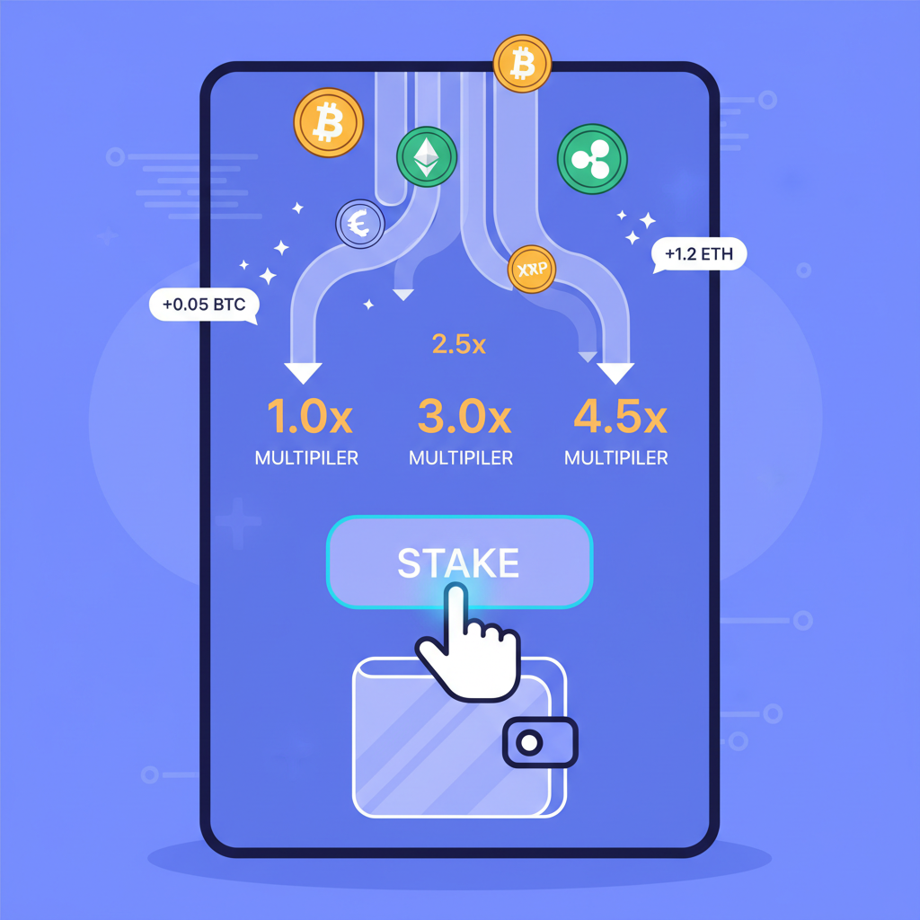 staking button pressed, multipliers rising on screen, animated crypto rewards flowing