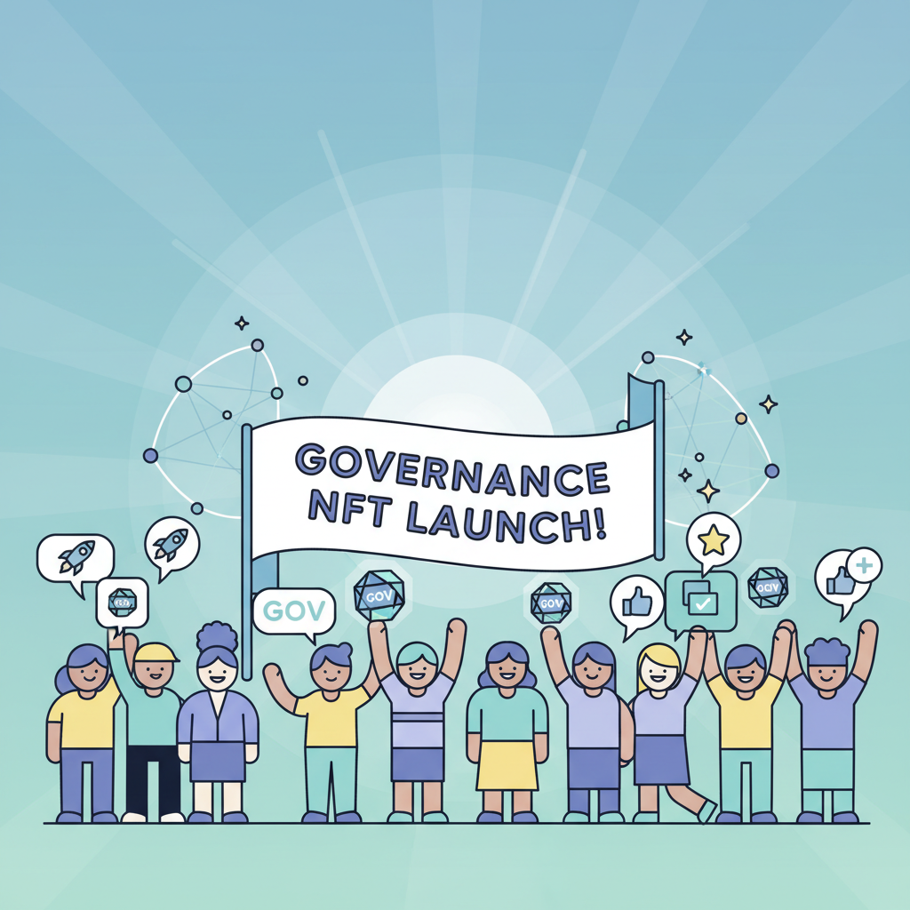 DAO community celebrating governance NFT launch, diverse avatars cheering