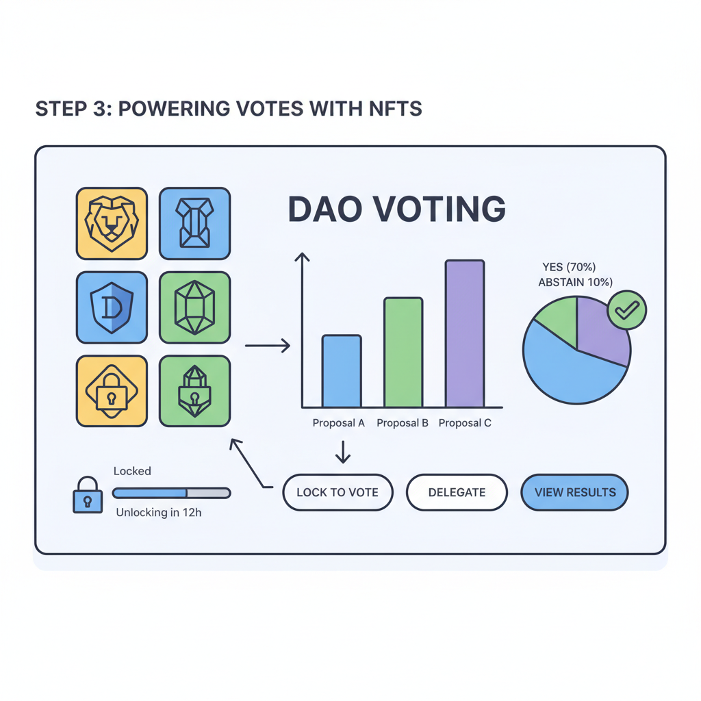 NFT badges powering DAO voting dashboard, charts and locks icons