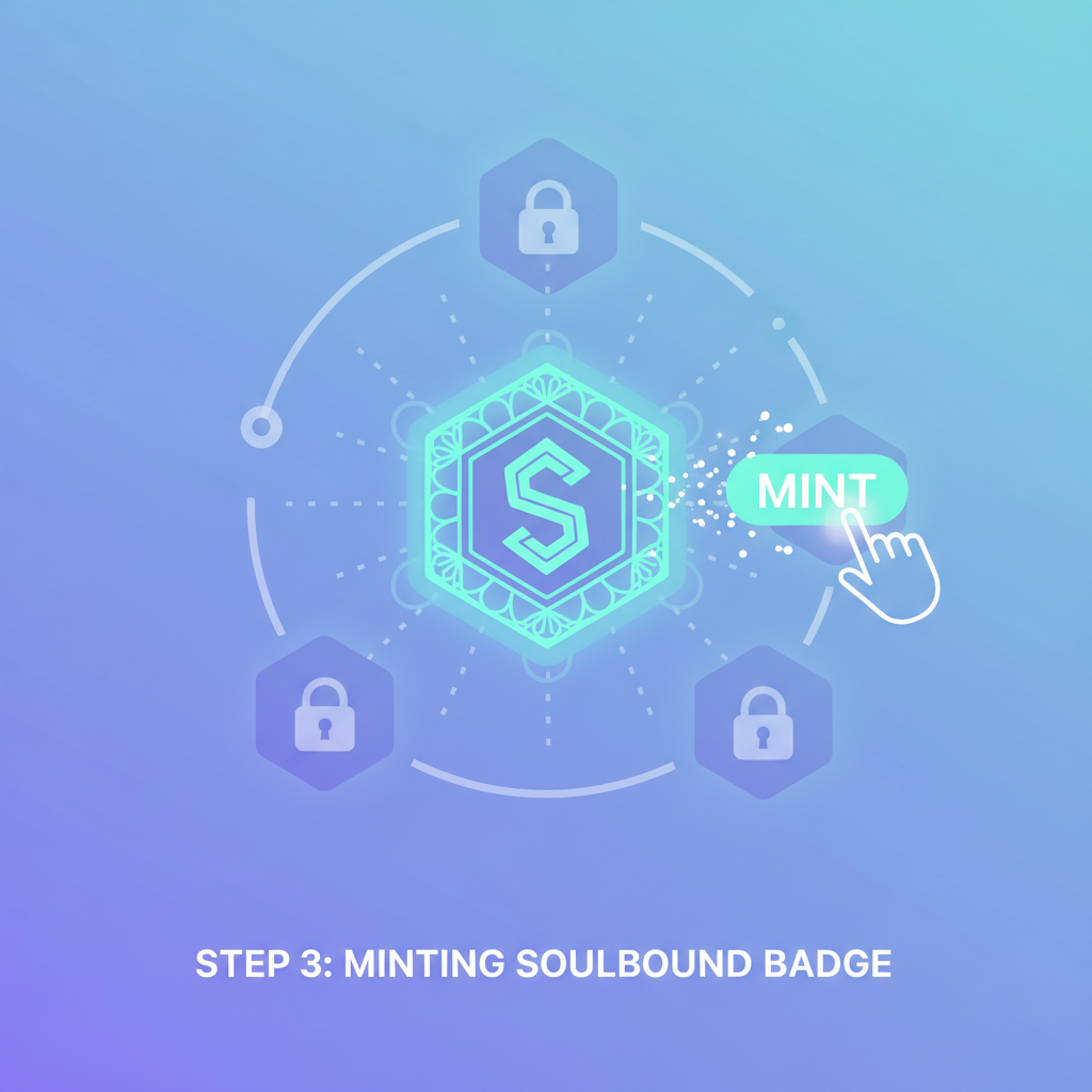 Minting soulbound NFT badge on blockchain, glowing digital token animation
