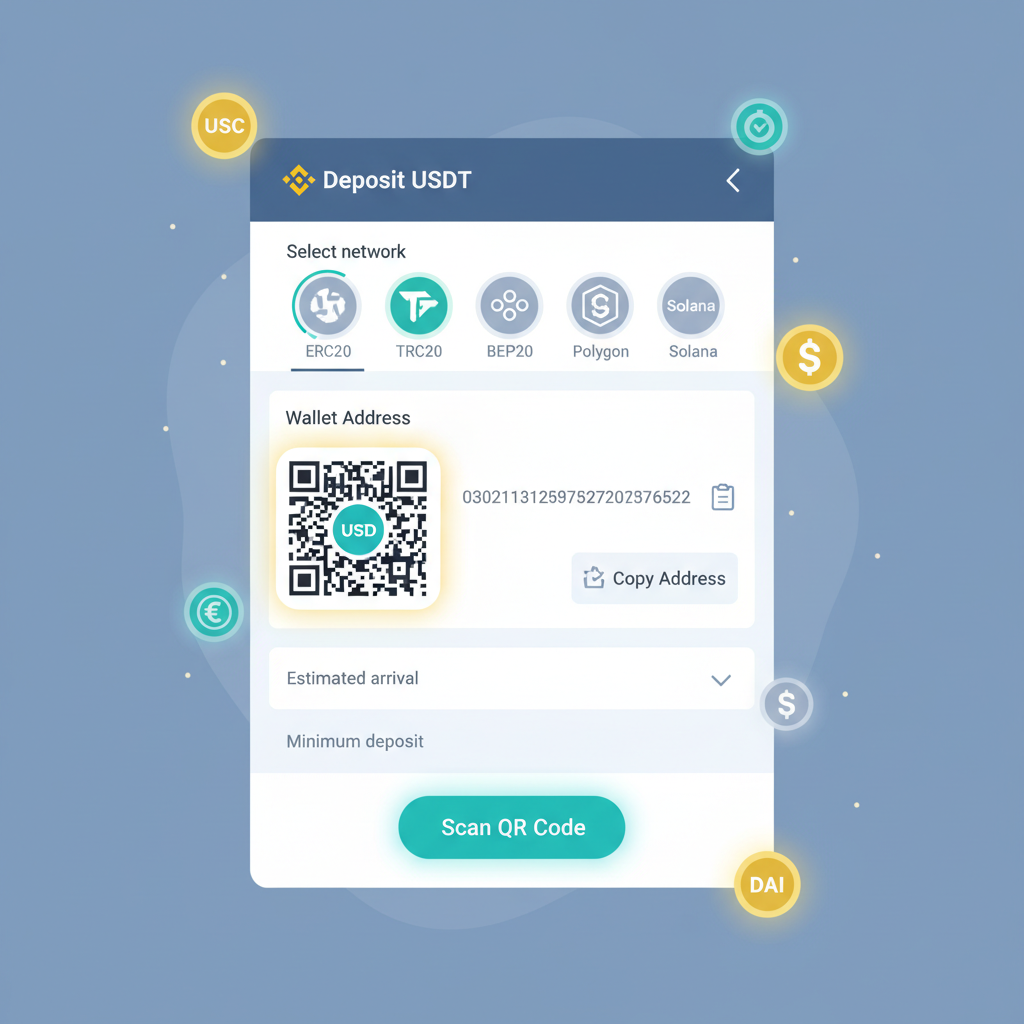 Binance deposit screen with USDT wallet transfer, stablecoin icons glowing