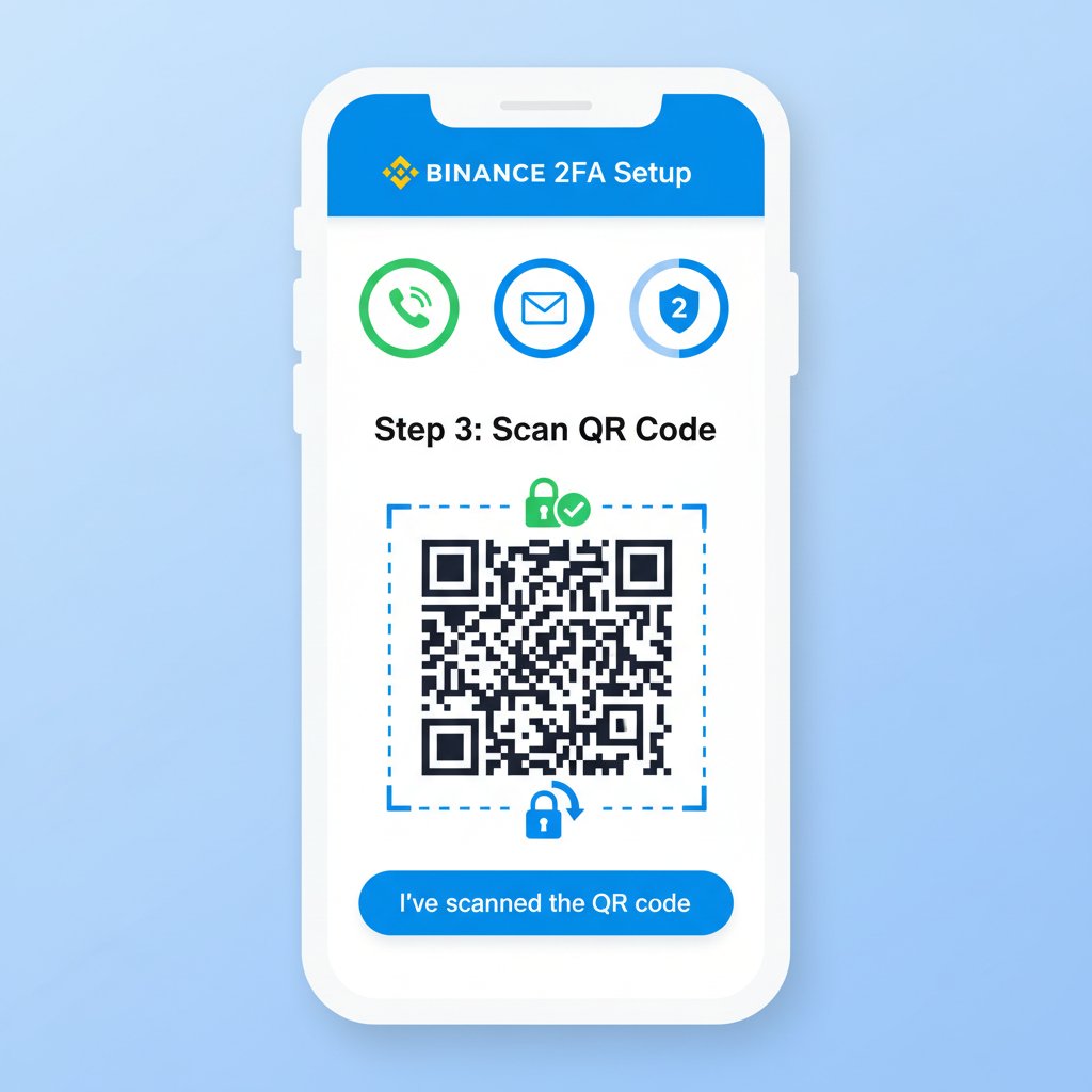 Smartphone showing Binance 2FA setup with QR code scanner, secure lock icons