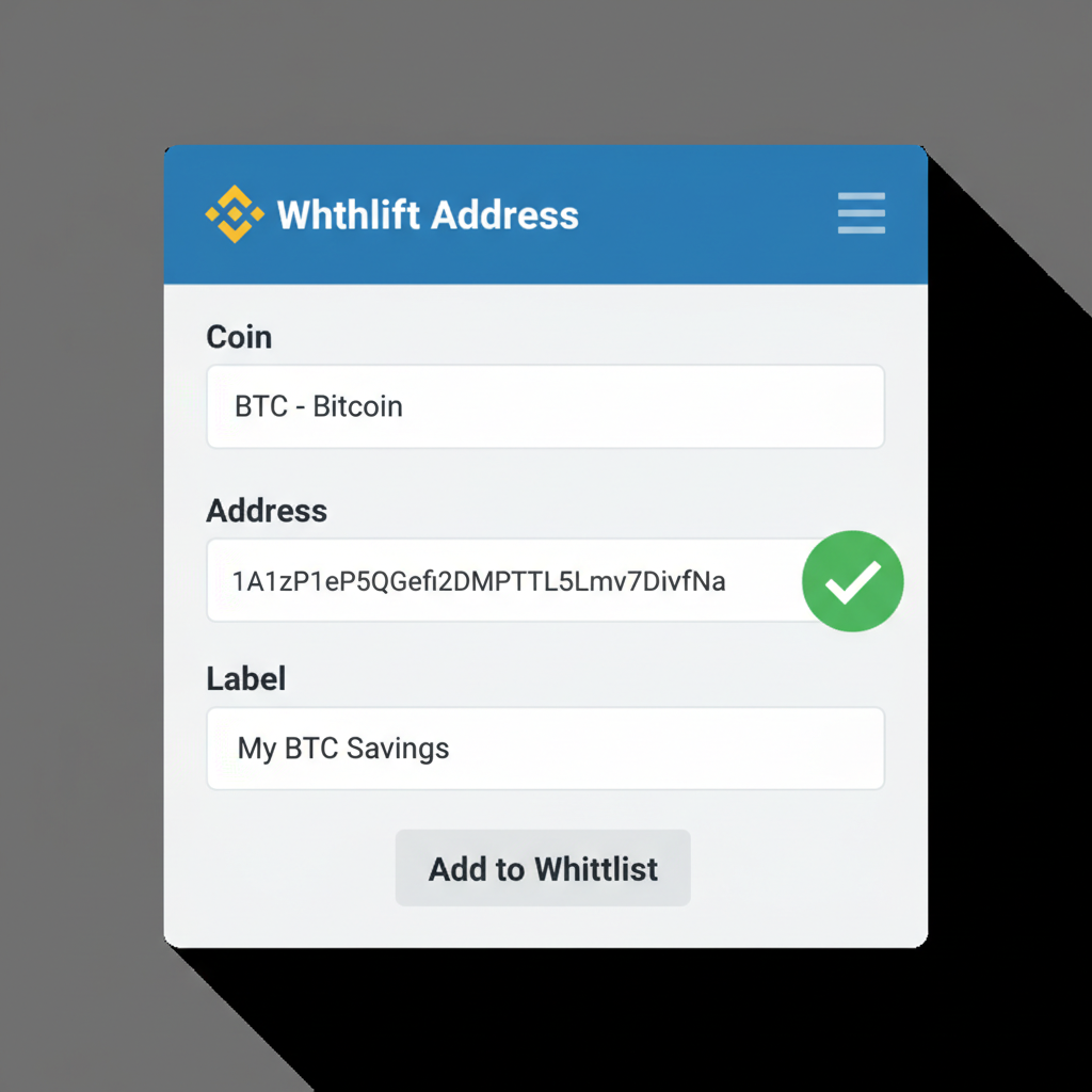 Binance wallet whitelisting page with added BTC address and confirmation checkmark