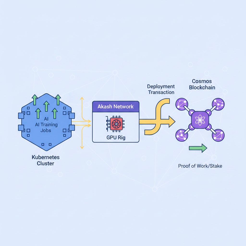 Kubernetes cluster deploying AI training jobs on Akash Network GPU rig, Cosmos blockchain visualization