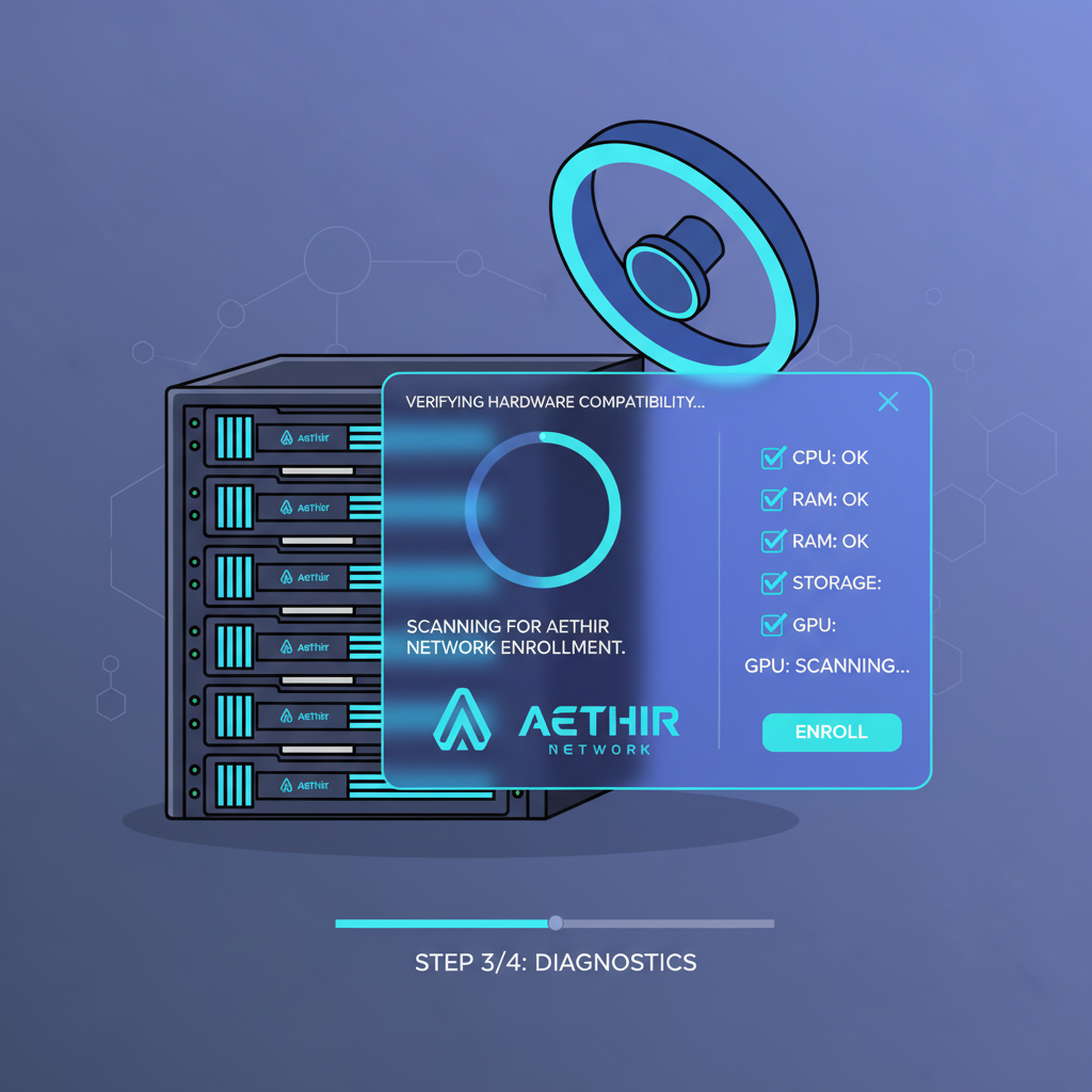 Hardware diagnostic tool scanning high-end GPU server for Aethir network enrollment, digital verification interface