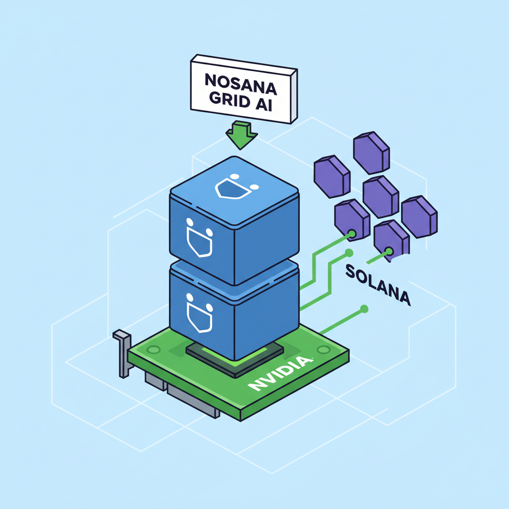 Docker containers running on NVIDIA GPU for Nosana Grid AI workloads, Solana blockchain nodes in background