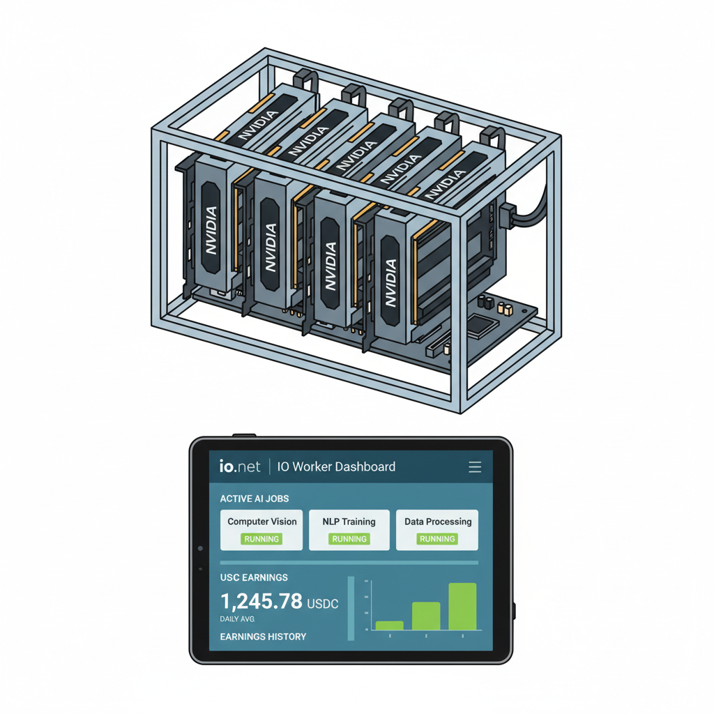 NVIDIA GPU rig running io.net IO Worker dashboard displaying active AI jobs and USDC earnings