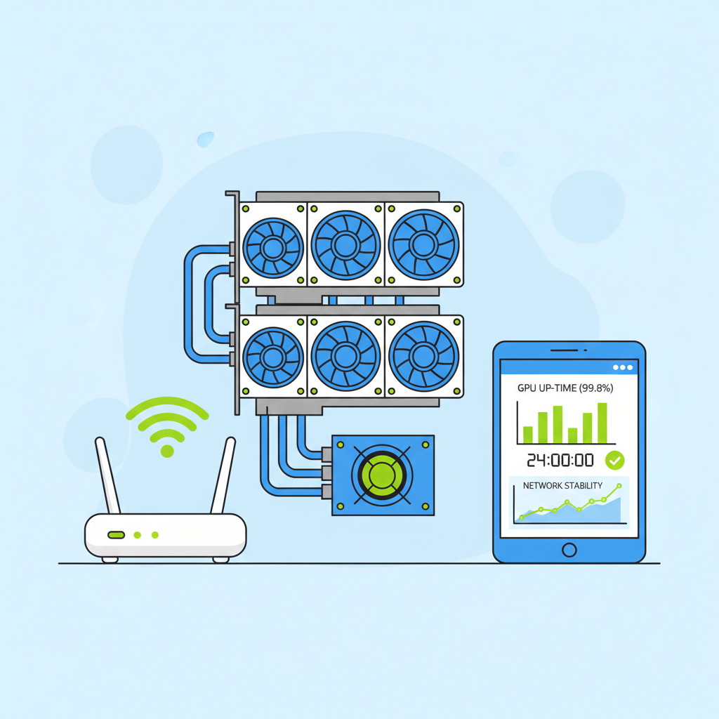Optimized GPU mining rig with cooling fans, stable internet router, uptime monitoring dashboard