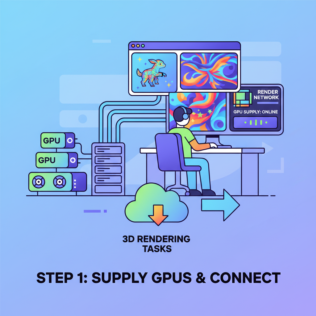 Render Network node operator supplying GPUs for 3D rendering tasks, vibrant digital art output on multiple screens