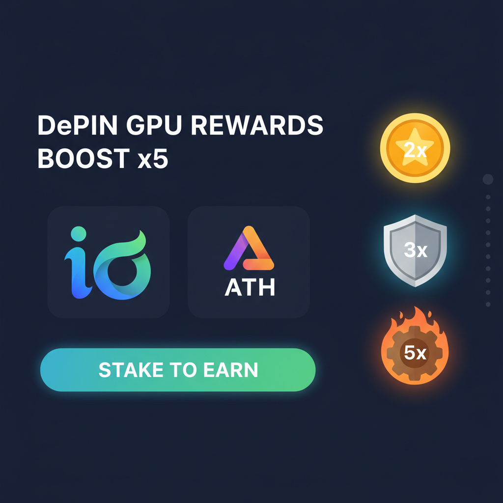 Wallet interface staking IO and ATH tokens for DePIN GPU rewards boost, multiplier badges glowing