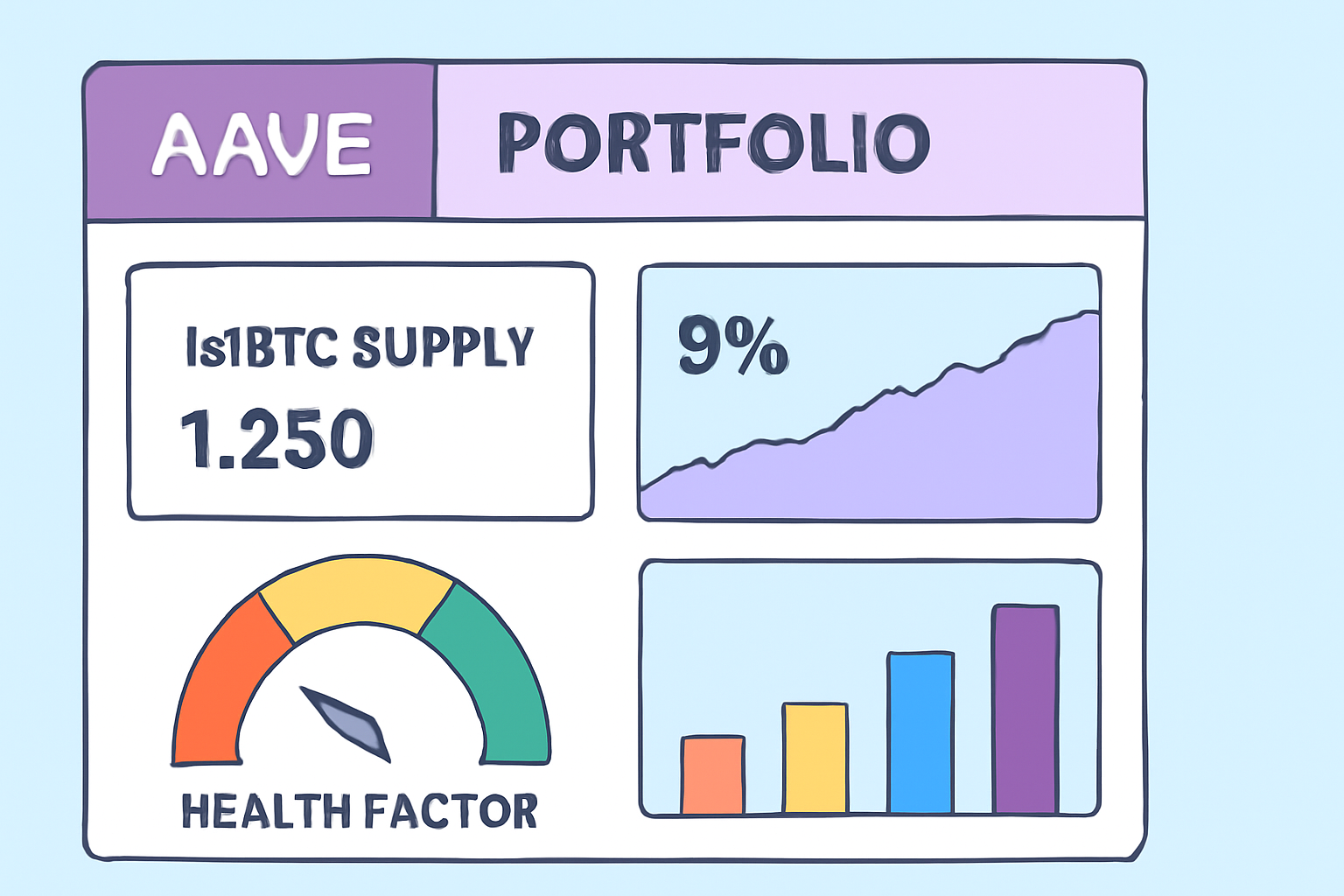 /imagine prompt: Aave portfolio dashboard with lstBTC supply, 9% APY chart, health factor gauge at 2.0, vibrant graphs --ar 16:9