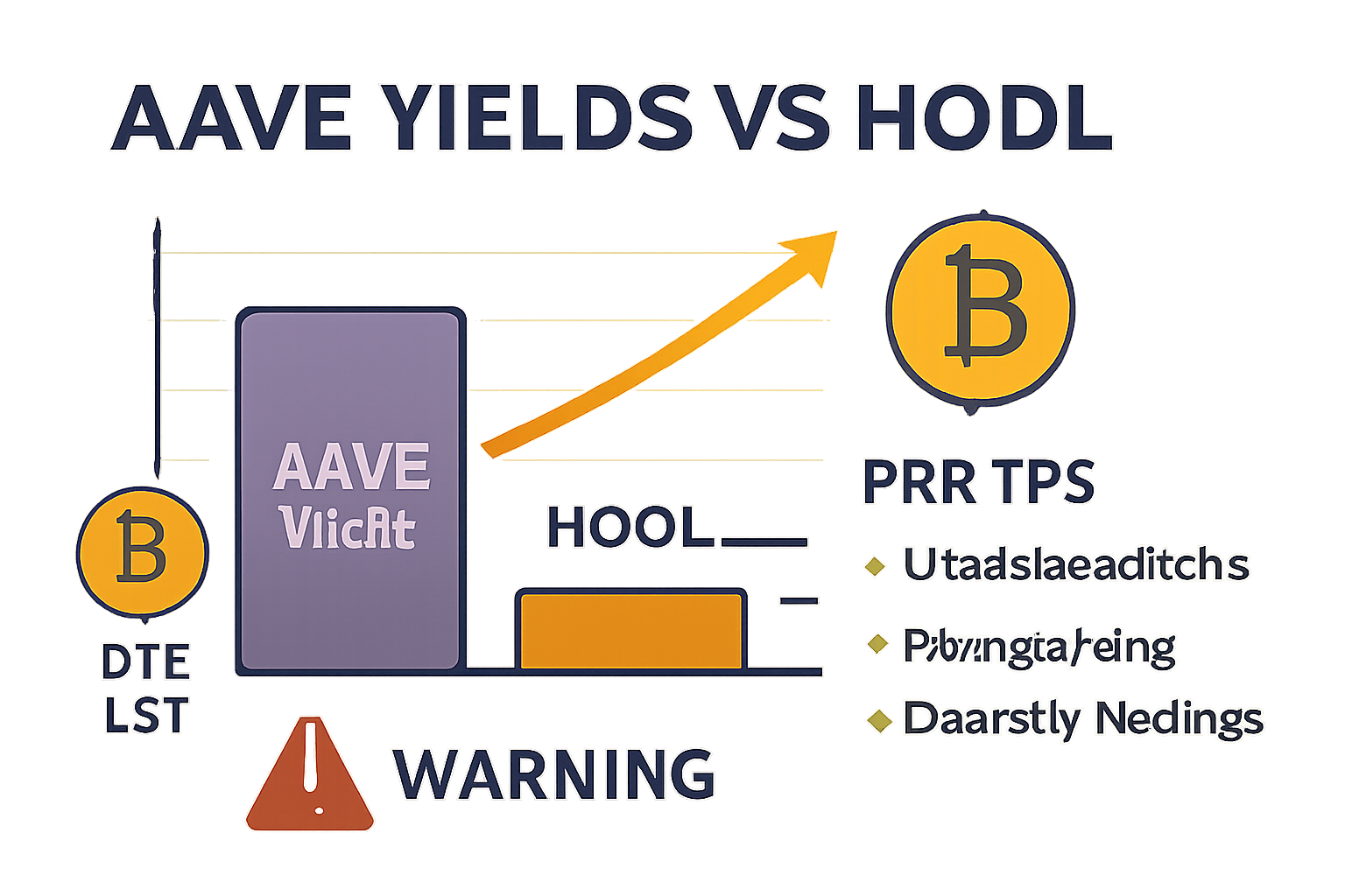 /imagine prompt: Infographic with Aave yields vs HODL chart, warning icons, pro tips bullets, bitcoin LST visuals --ar 16:9