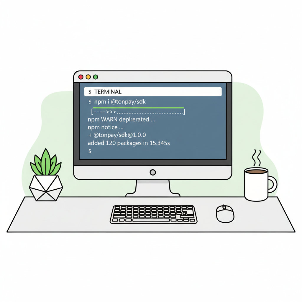terminal screen installing npm package @tonpay/sdk, clean code output, developer workspace