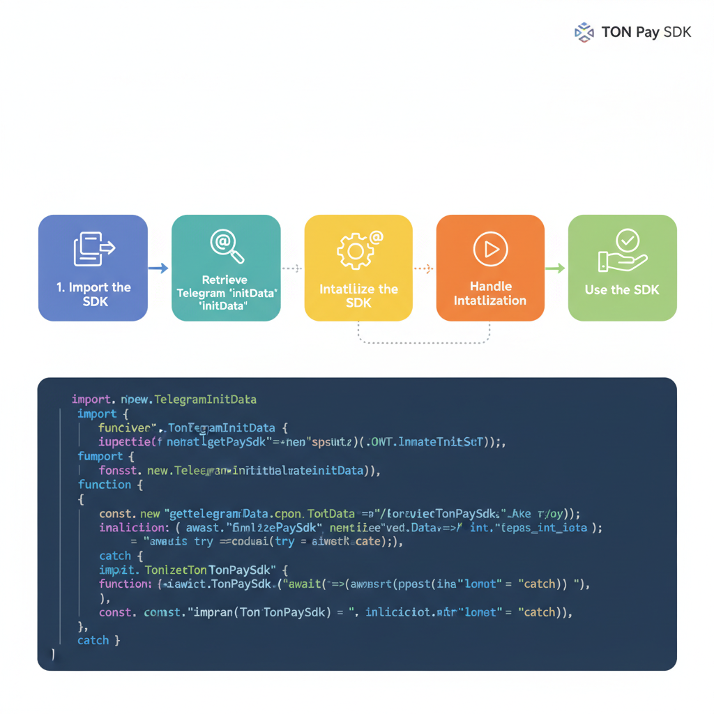 code snippet initializing TON Pay SDK with Telegram initData, syntax highlighted JavaScript