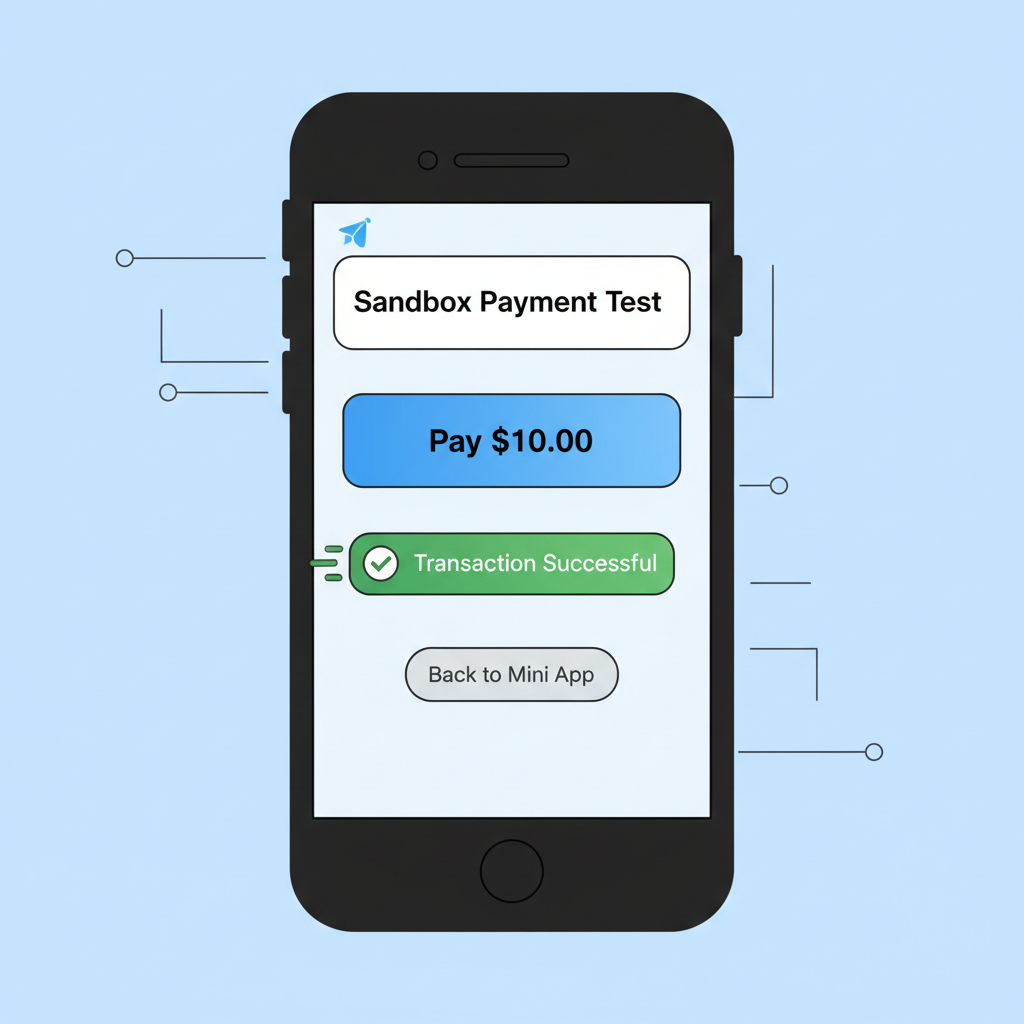 Telegram Mini App sandbox testing payment button, mobile screen with success transaction
