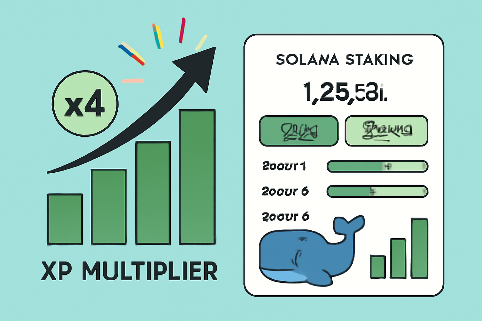 xp multiplier chart exploding upwards, solana staking dashboard with boosts, whale emoji, green graphs
