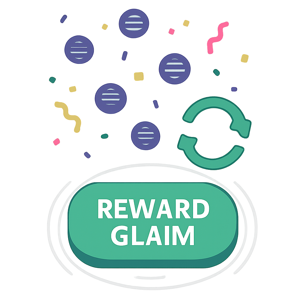 reward claim button pulsing, tokens dots raining, compounding loop graphic, celebratory confetti solana style