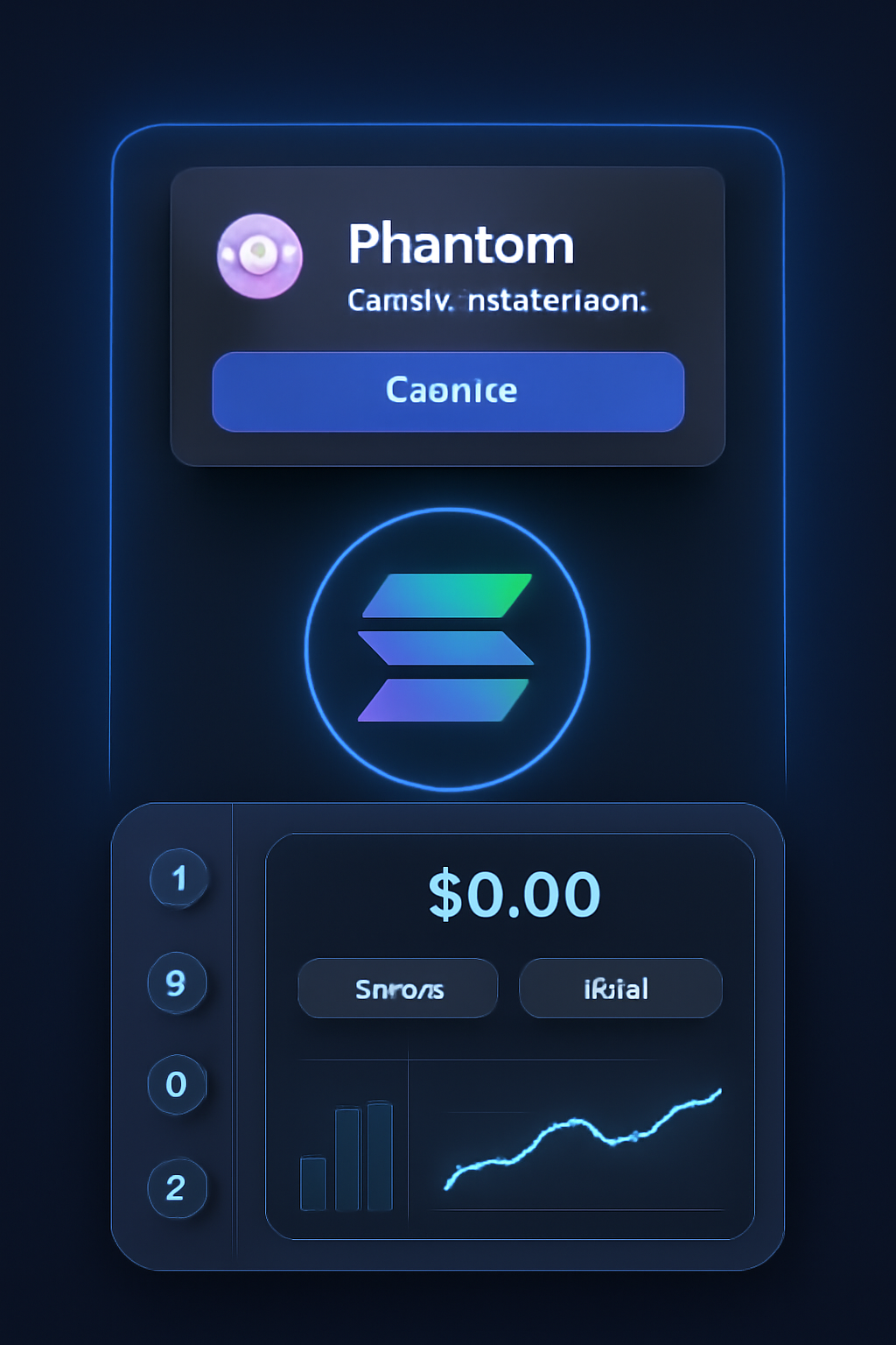 sleek phantom wallet interface connecting to solana dapp, futuristic blue glow, solana logo prominent, high tech dashboard
