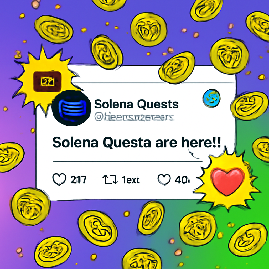twitter feed with solana quests, likes retweets exploding, xp points raining down, vibrant meme style