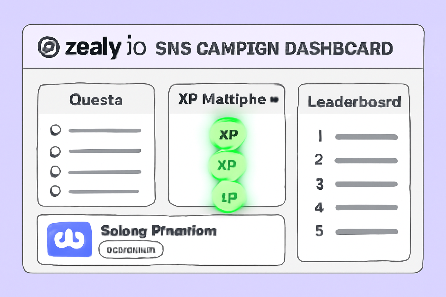 zealy io sns campaign dashboard, quests list, xp multipliers glowing, solana phantom connect, leaderboard