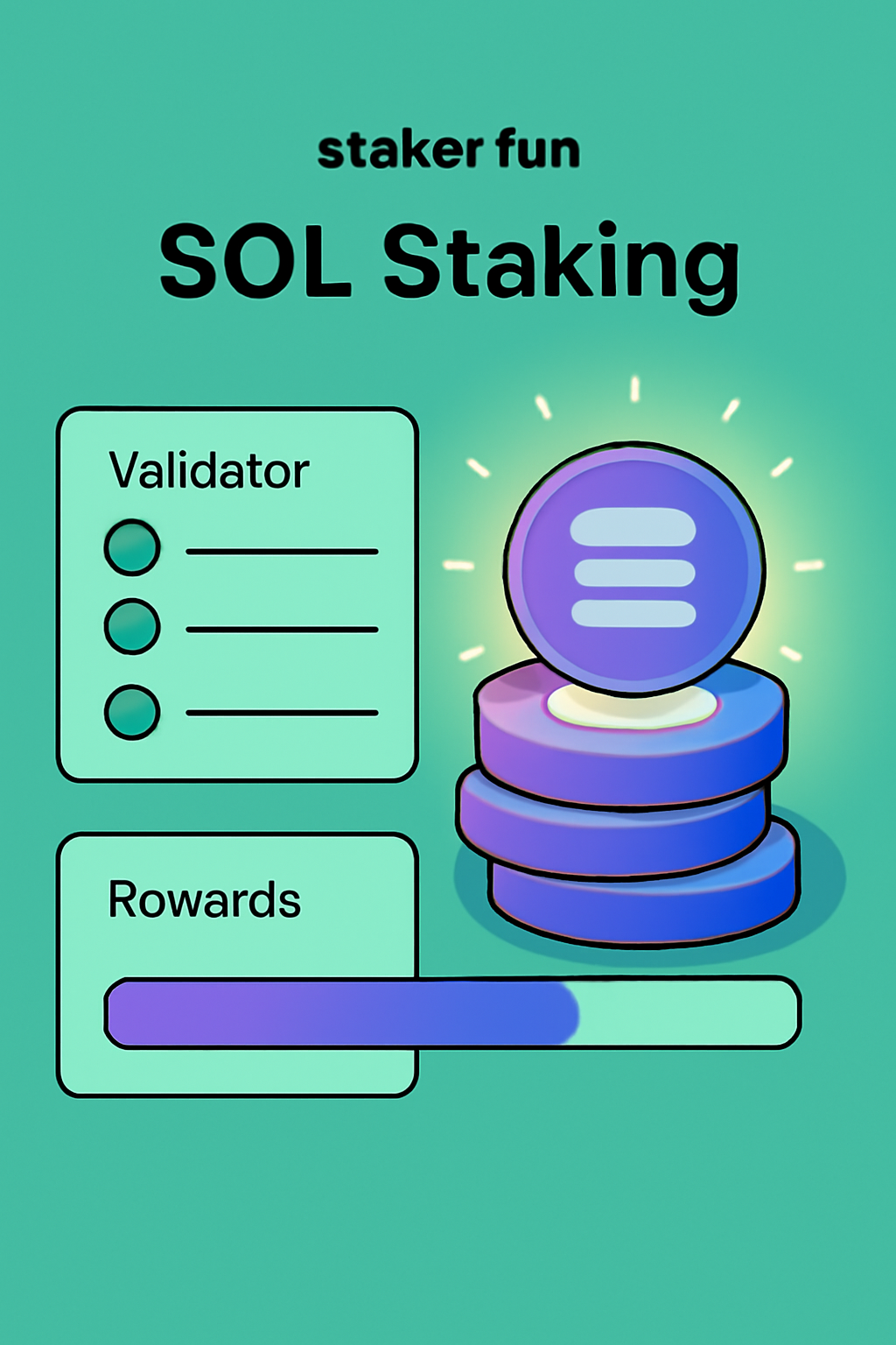 solana sol staking interface on stakerdotfun, glowing sol coins stacking up, validator list, rewards meter filling