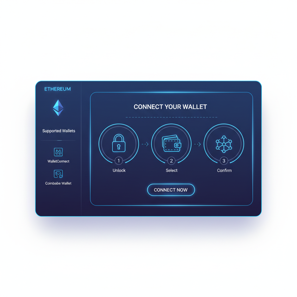 sleek ethereum wallet connection interface on web app, futuristic UI, blue neon accents, secure lock icon