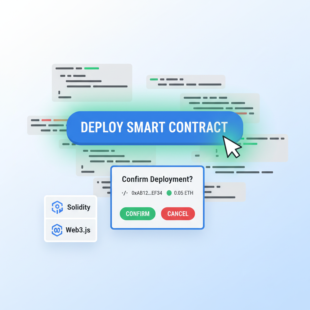 deploying smart contract button on blockchain platform, code snippets, confirmation dialog, green deploy glow
