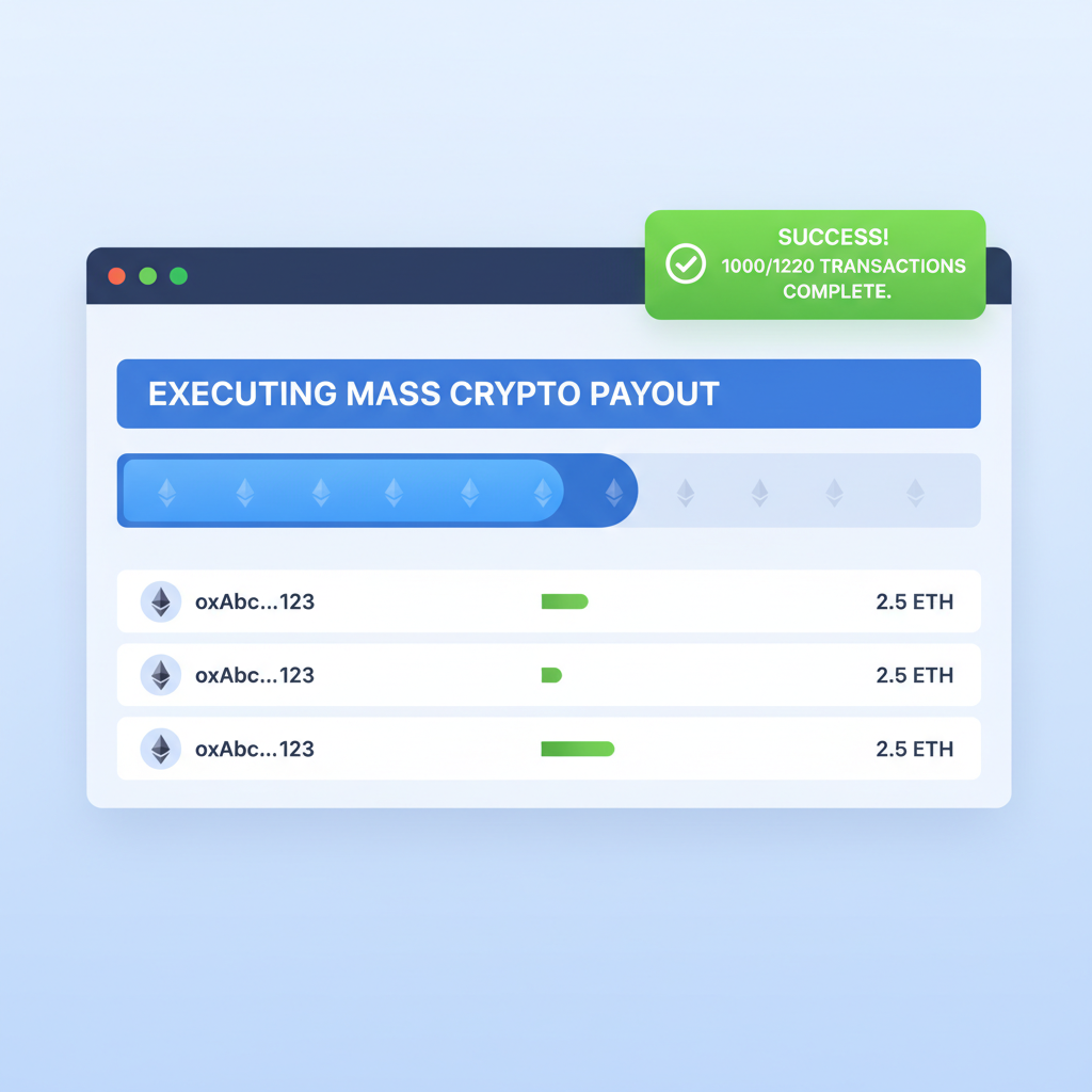 executing mass crypto payout dashboard, transaction progress bar, ethereum transfers, success notification