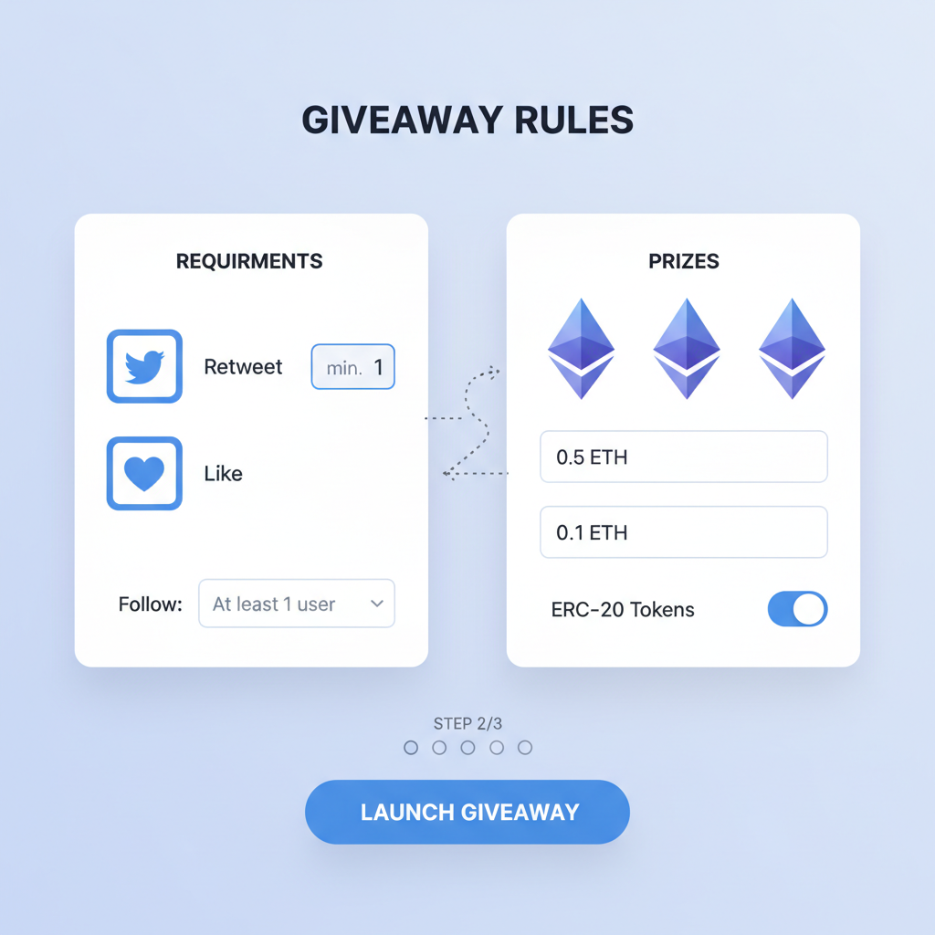 dashboard setting twitter giveaway rules, checkboxes for retweets likes, ethereum icons, clean modern design