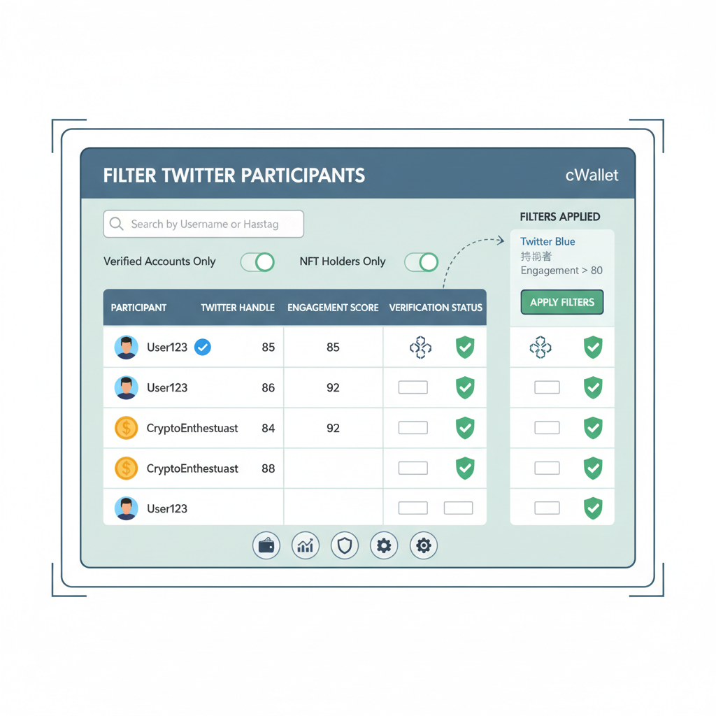 cwallet interface filtering twitter participants, data tables, verification checkmarks, blockchain verification icons