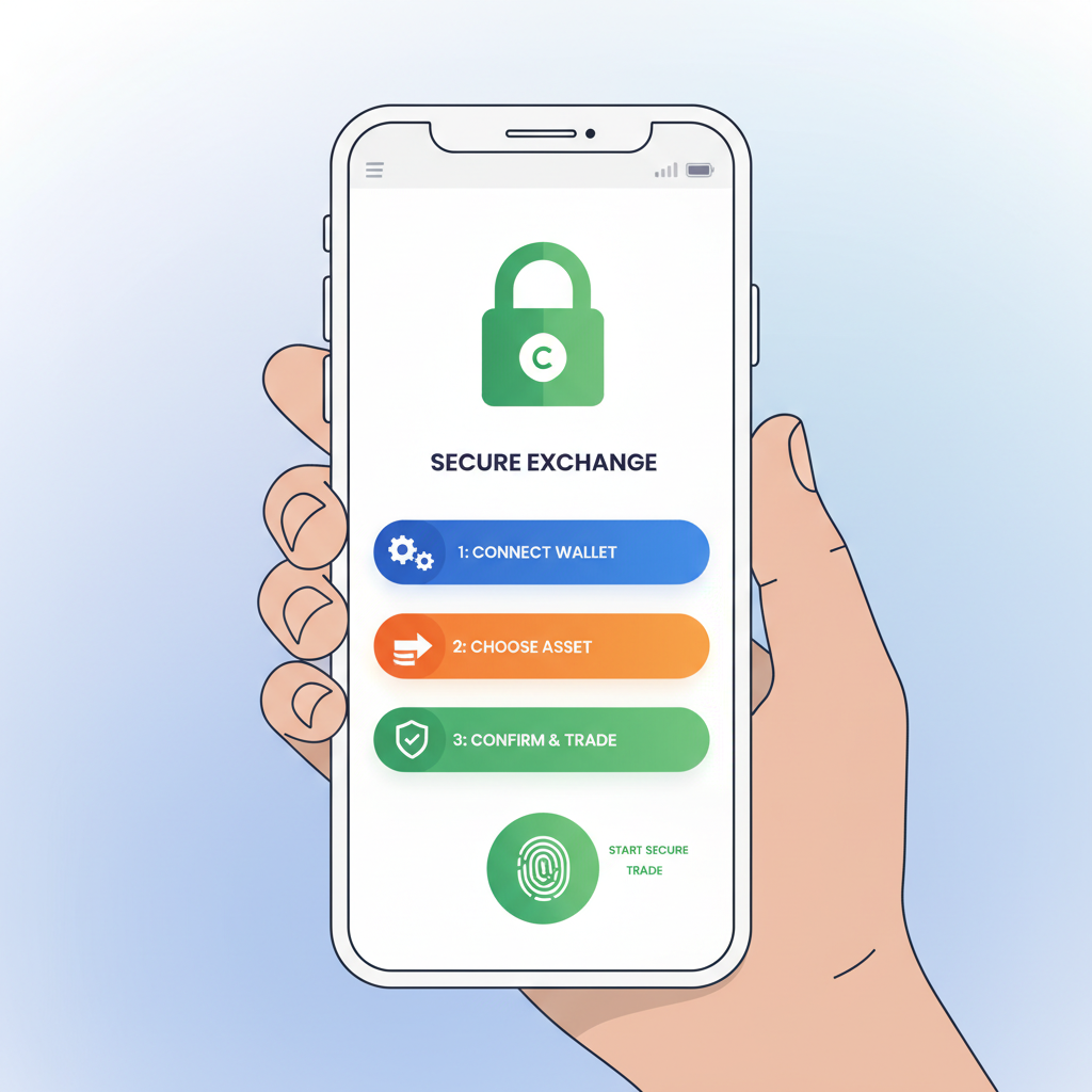 Secure crypto exchange app interface on phone, padlock icon, professional design