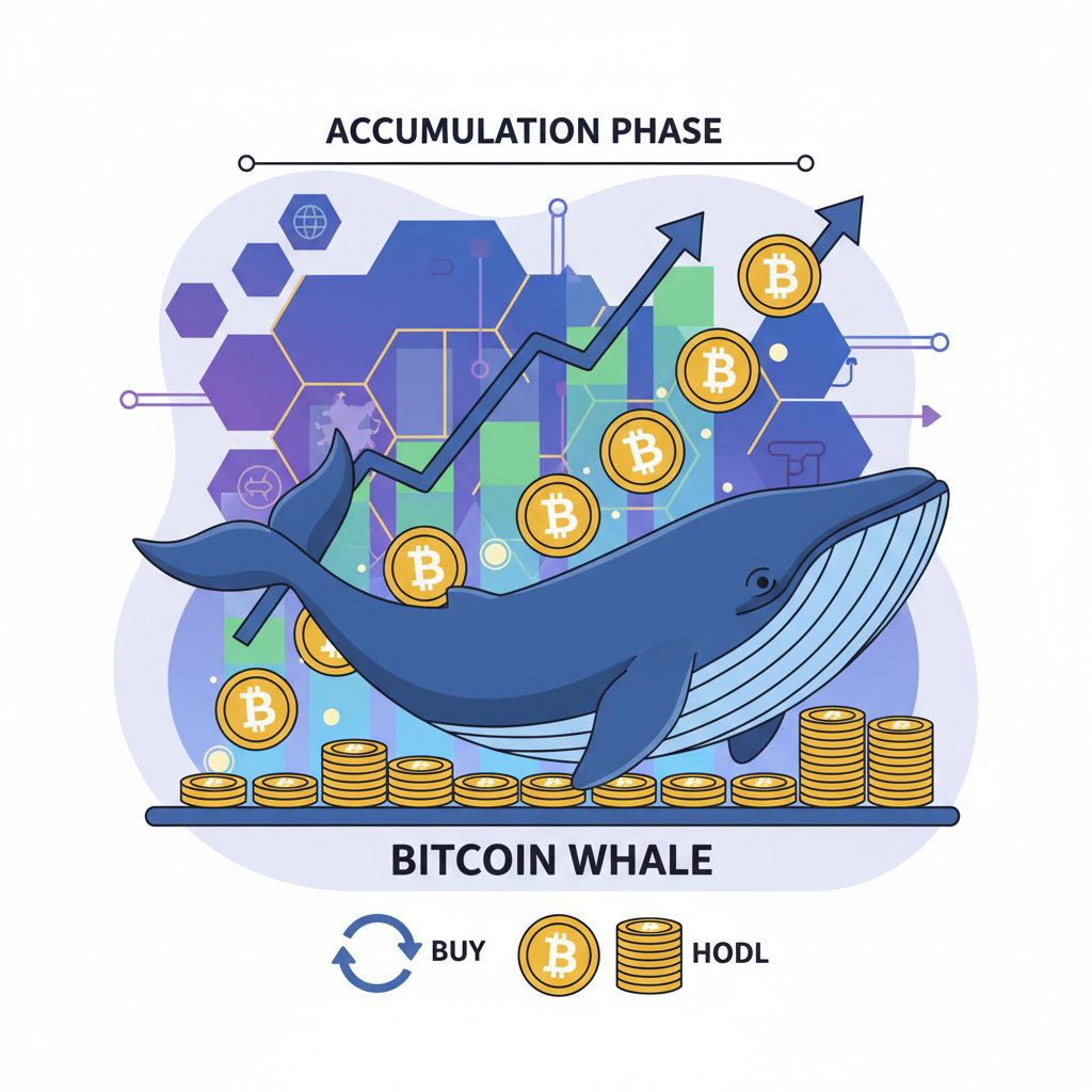Bitcoin whale swimming with gold coins, accumulation chart rising, futuristic crypto style
