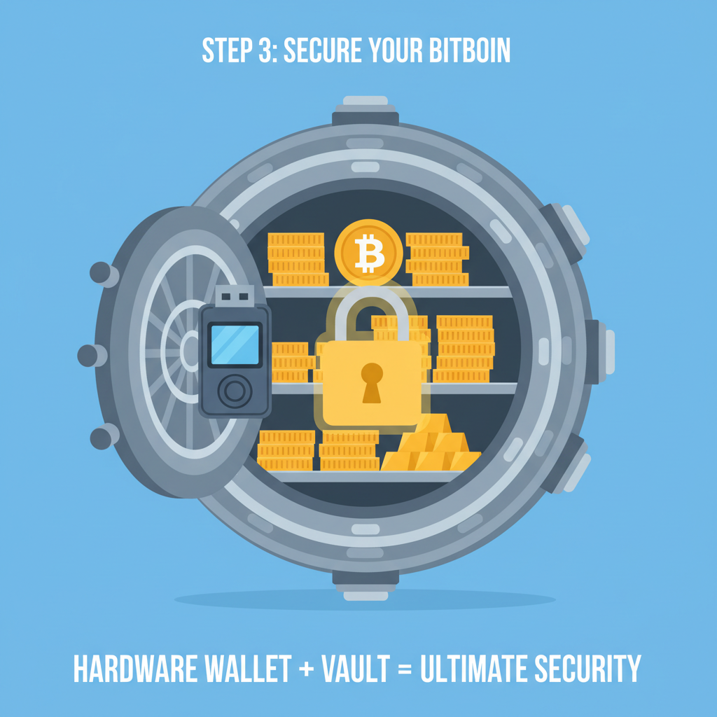 Hardware wallet storing Bitcoin, safe vault, golden BTC coins secure