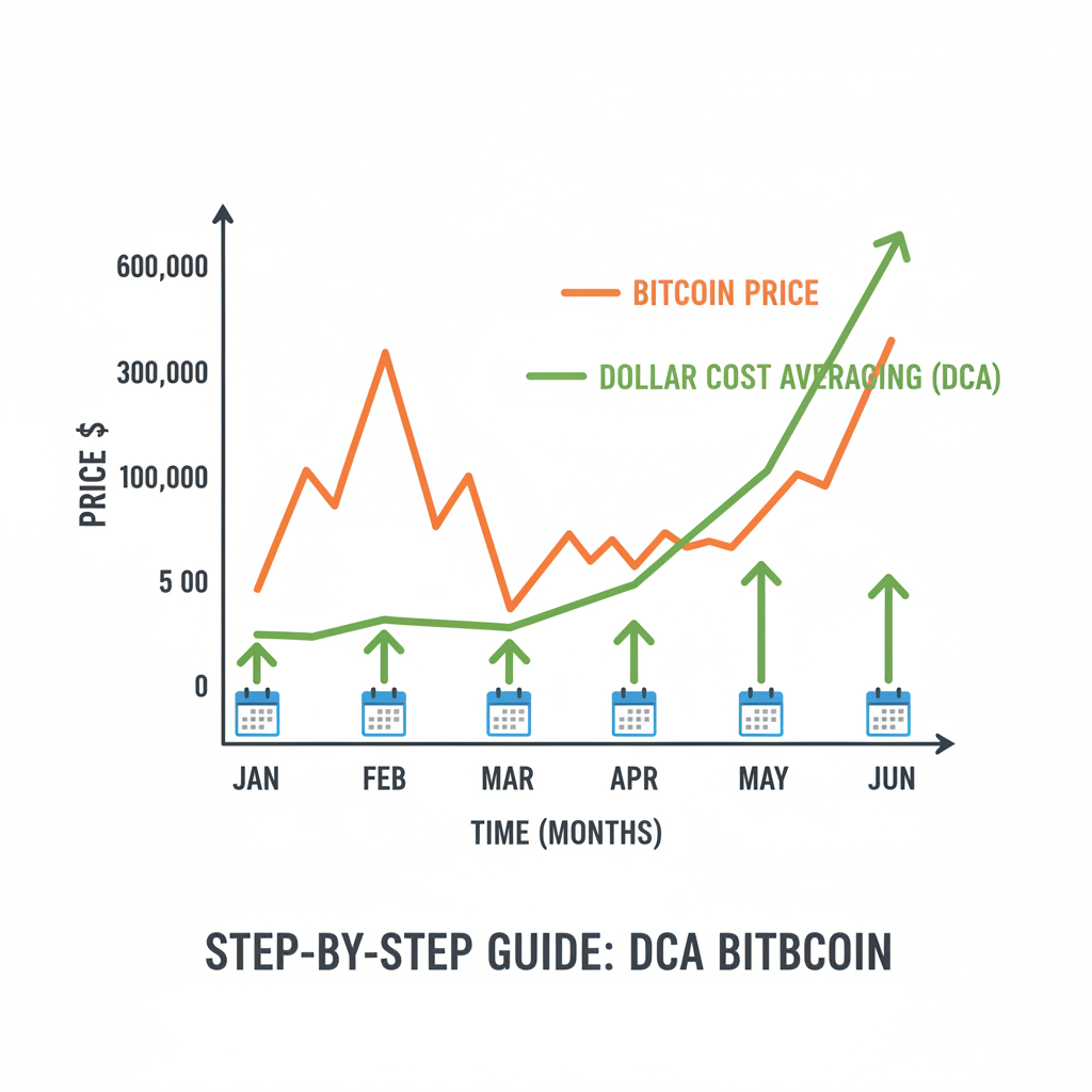 Dollar cost averaging graph smoothing Bitcoin price dip, calendar schedule, green arrows up