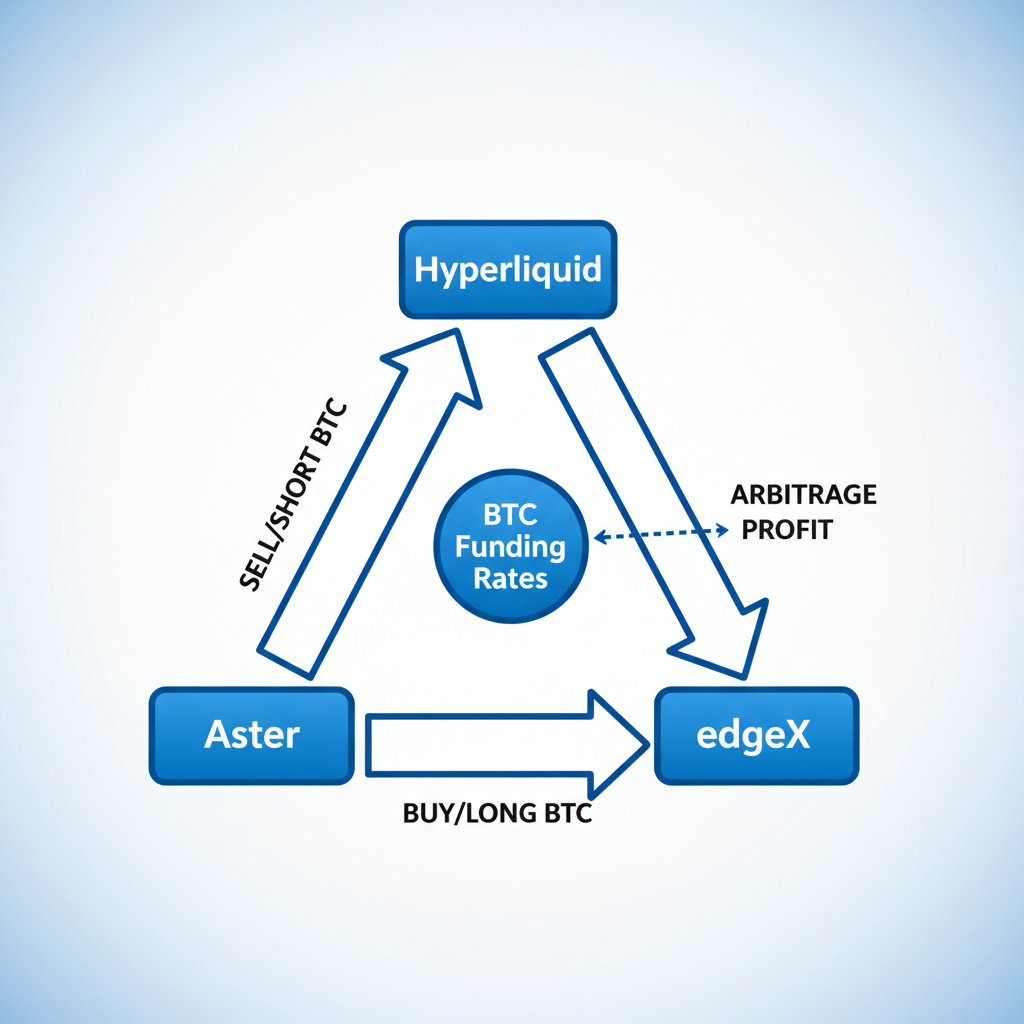 triangle diagram Hyperliquid Aster edgeX BTC funding rates connected arrows arbitrage flow