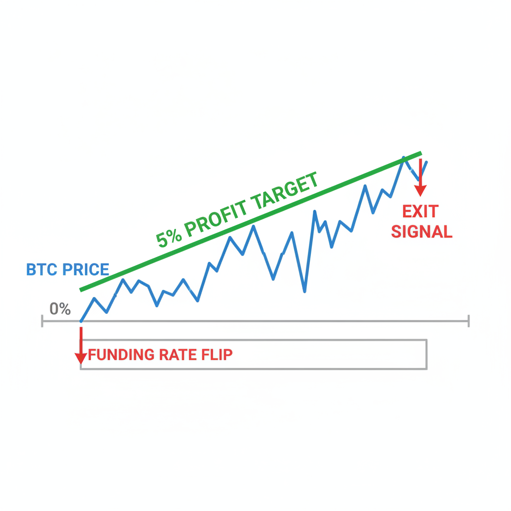 profit target chart 5% green line exit signal funding rate flip red arrow BTC price