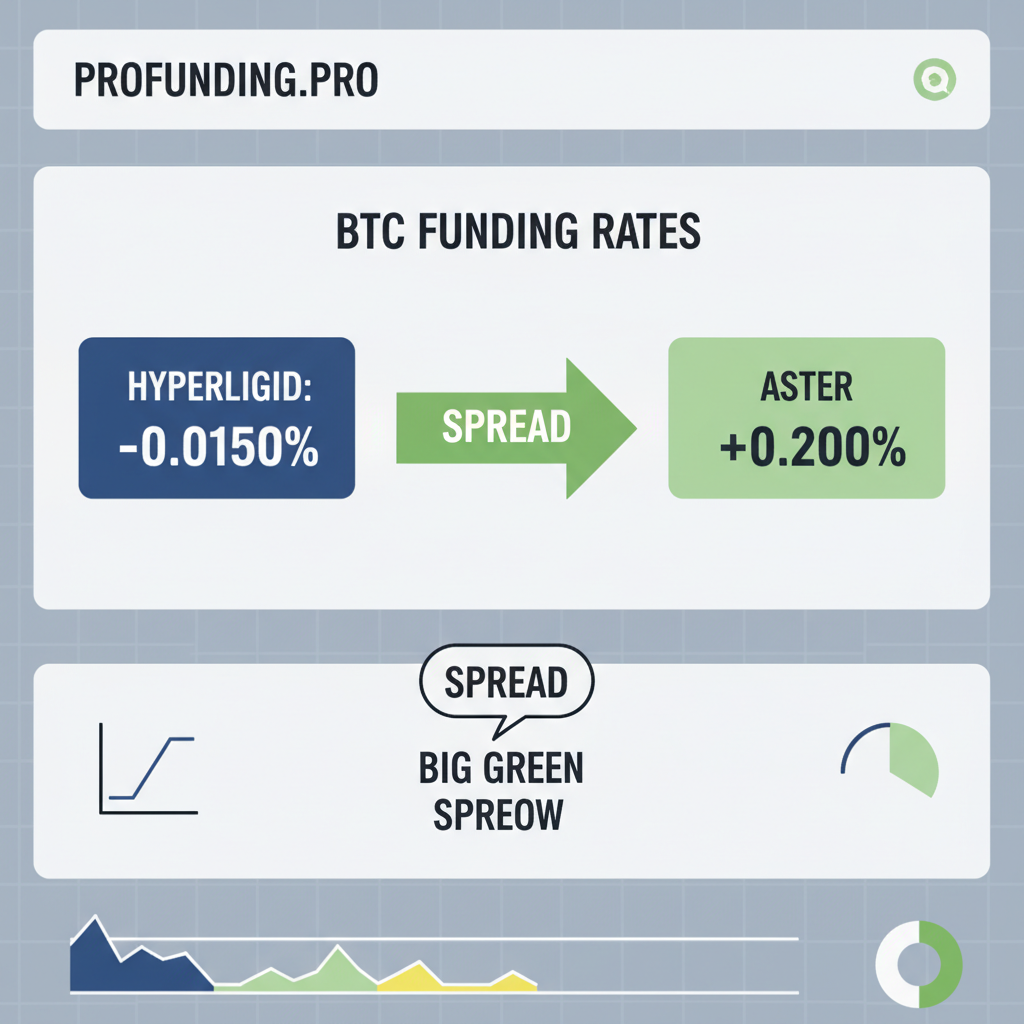 dashboard of profunding.pro showing BTC funding rates Hyperliquid negative Aster positive big green spread arrow