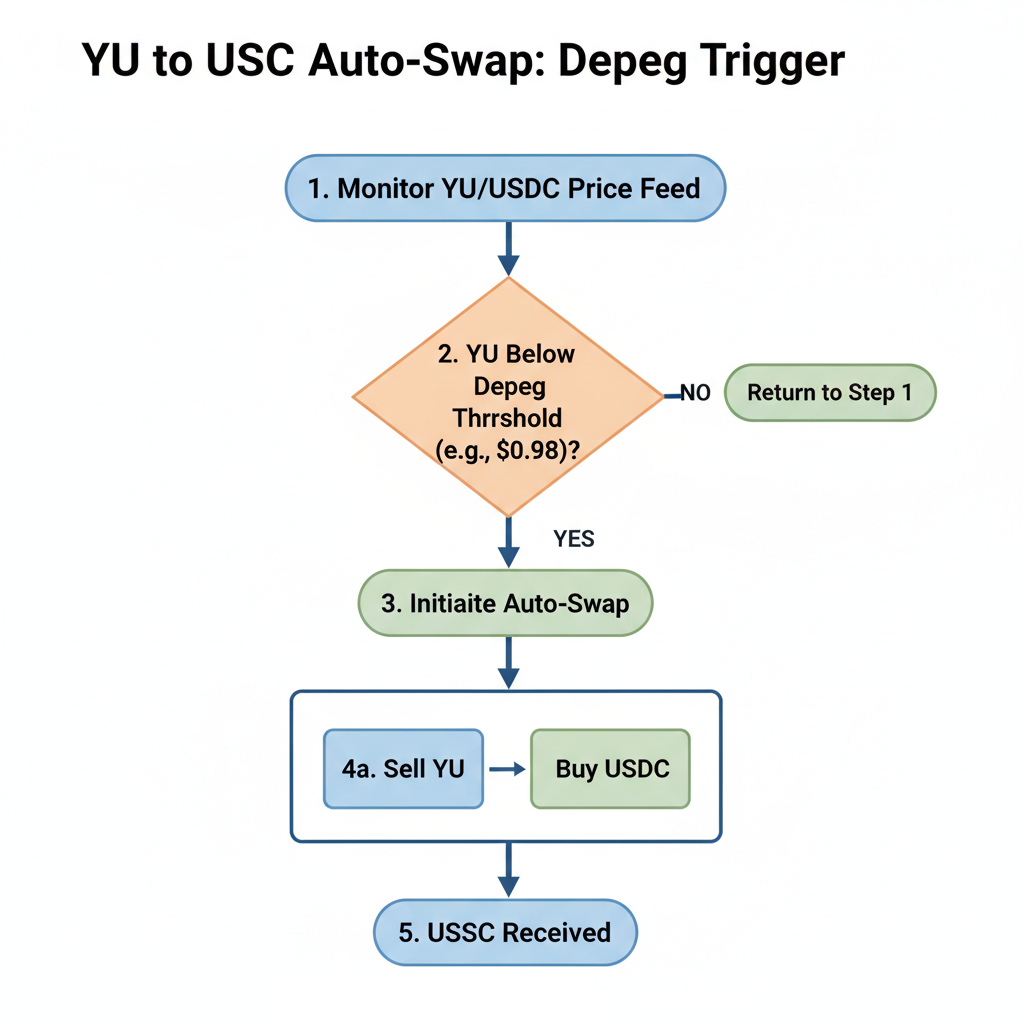 flow diagram of auto-swap from YU to USDC triggered by depeg threshold