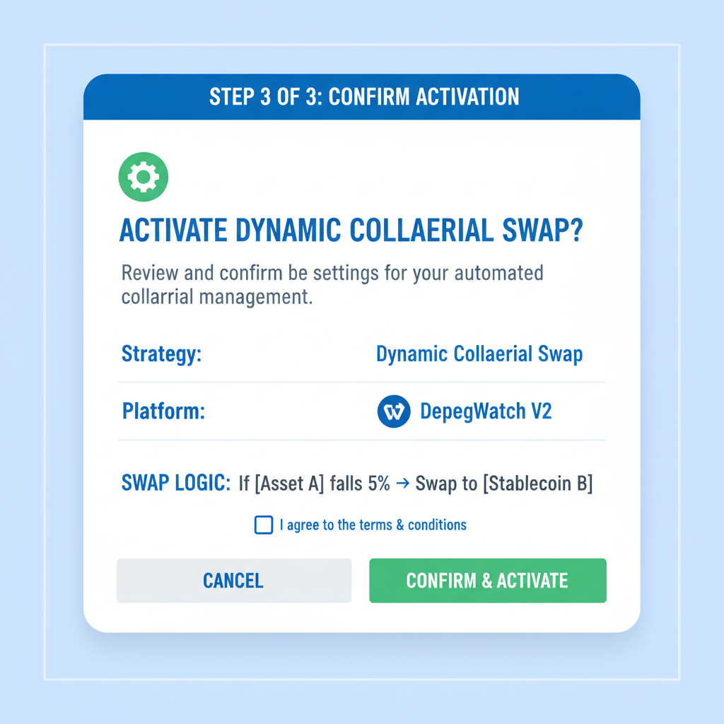 confirmation screen for activating dynamic collateral swap on DepegWatch