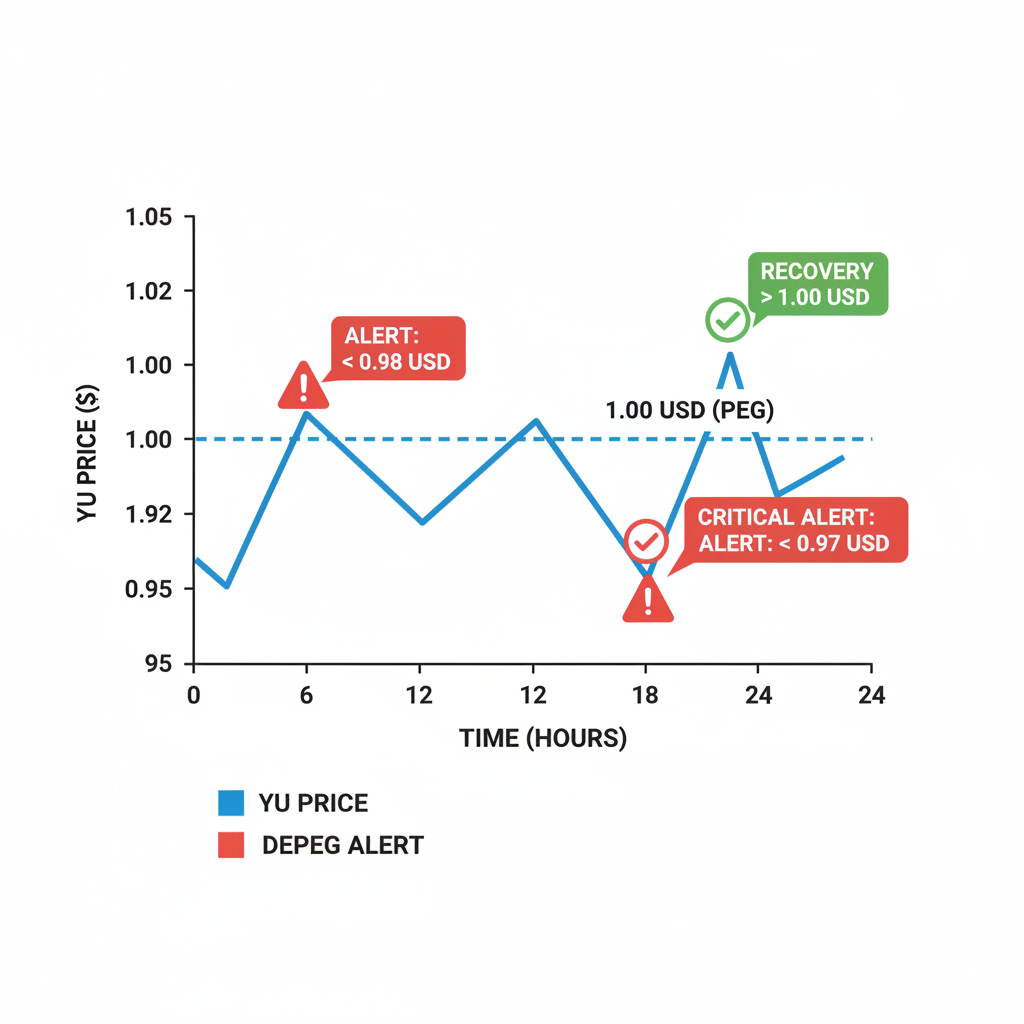 graph chart showing YU stablecoin peg deviation from $1 USD with alert indicators