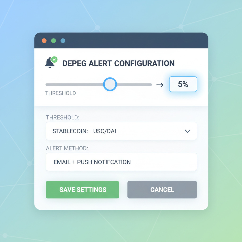 settings panel configuring 5% threshold alert for stablecoin depeg on DeFi tool