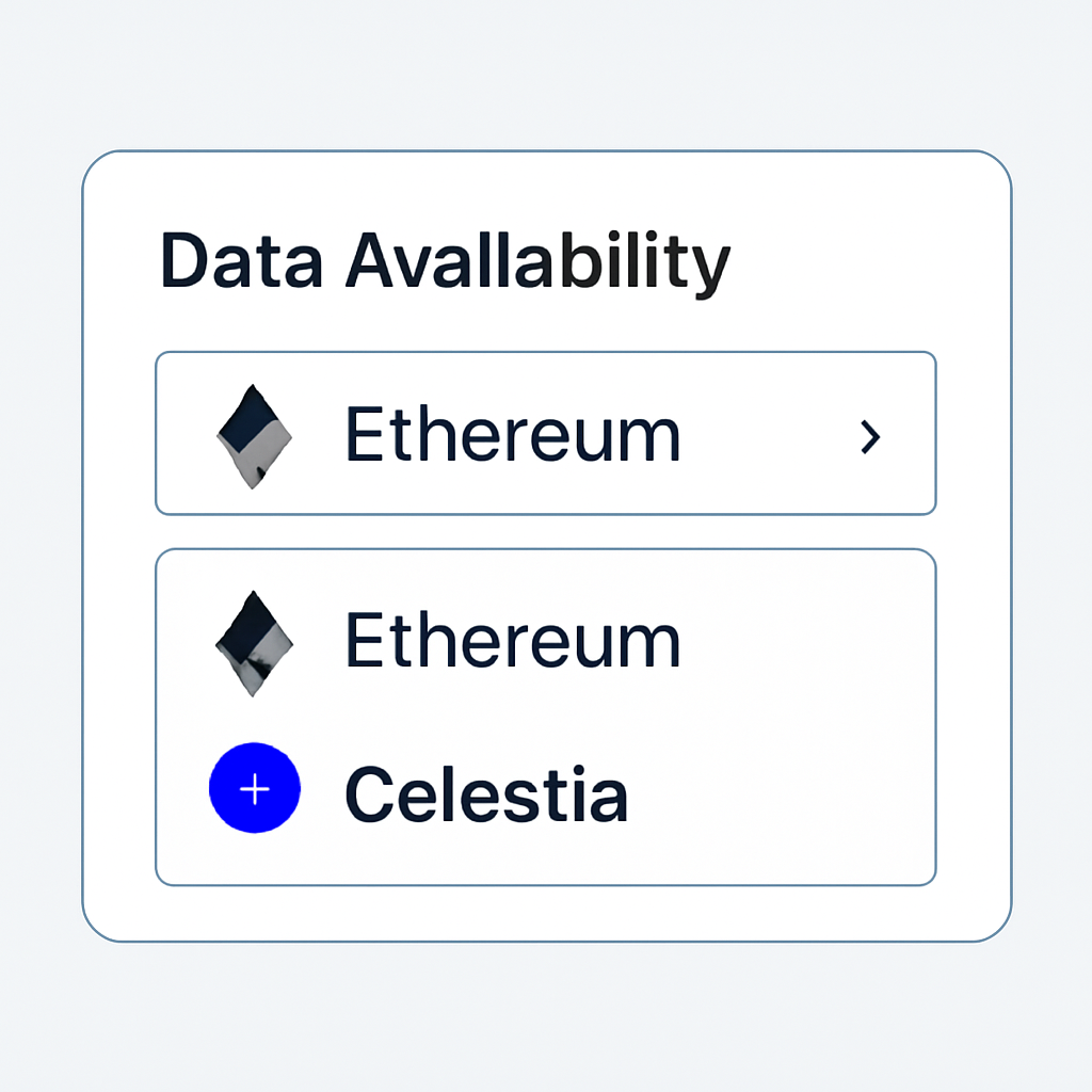 A user interface with a dropdown or selection menu showing various data availability layers (Ethereum, Celestia), with icons representing each network.