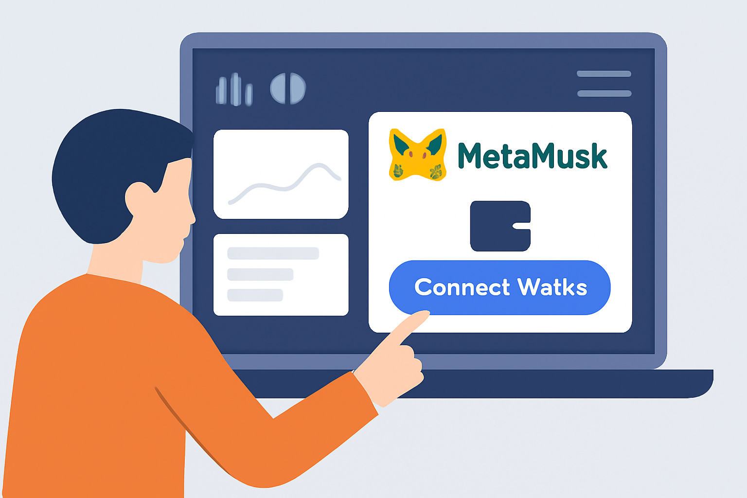 A user connecting their MetaMask wallet to a modern blockchain dashboard interface, with clear wallet icons and a 'Connect Wallet' button highlighted.