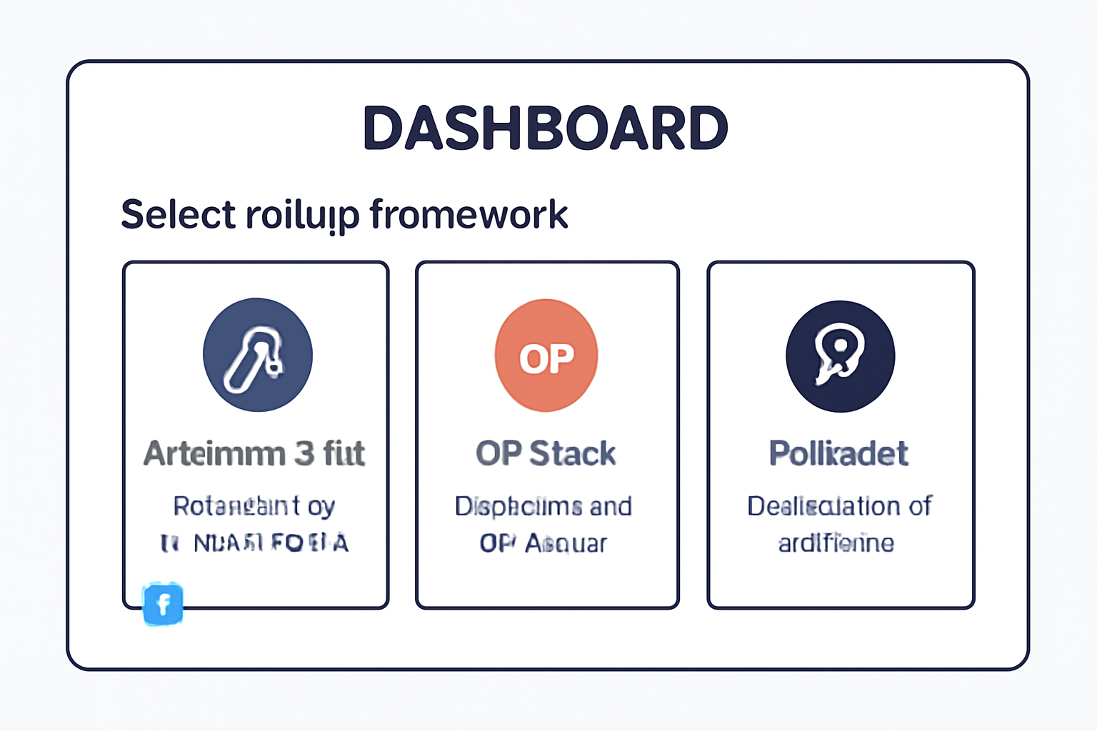 A dashboard screen showing different rollup framework options (Arbitrum Orbit, OP Stack, Polkadot), with selection boxes and brief descriptions for each.